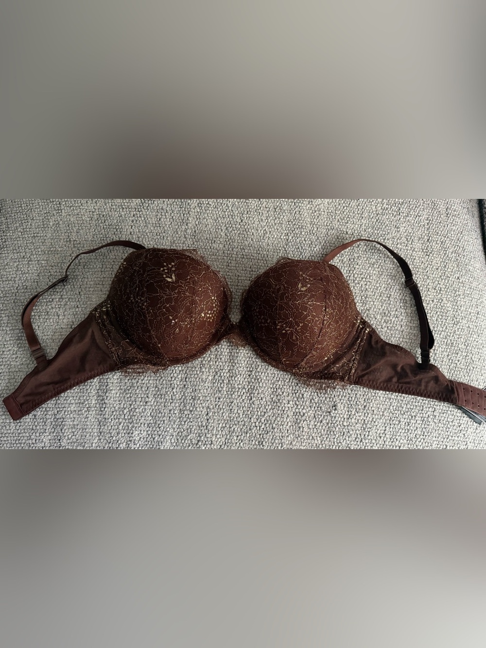 Victoria's Secret Push Up Chocolate Brown Lace Bra with Gold Accents